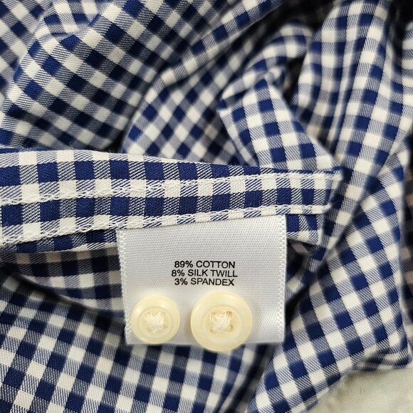 Peter Millar Shirt Mens L Blue White Gingham Check Button Up Cotton Silk Blend - Picture 9 of 10